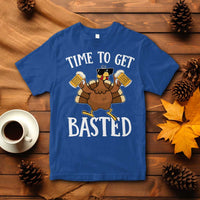 Royal blue short-sleeve crewneck Thanksgiving turkey graphic T-shirt, 'TIME TO GET BASTED'.