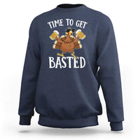 Navy turkey Thanksgiving sweatshirt with 'TIME TO GET BASTED' chest graphic