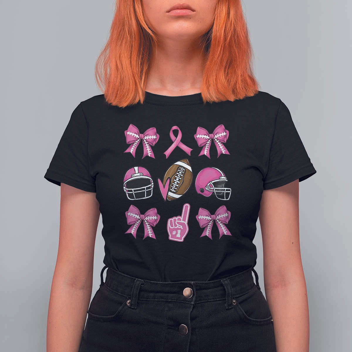 Football Breast Cancer Awareness T Shirt For Women Football Coquette Bow Pink Ribbon Game Day - Wonder Print Shop