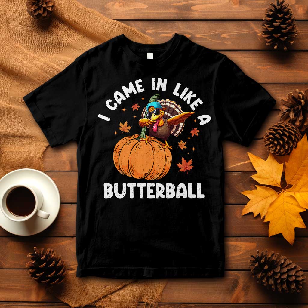 Black crewneck graphic T-shirt with turkey and pumpkin text design