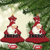 Two red heart ornaments with Santa “Big Nick Energy,” gold hanging strings