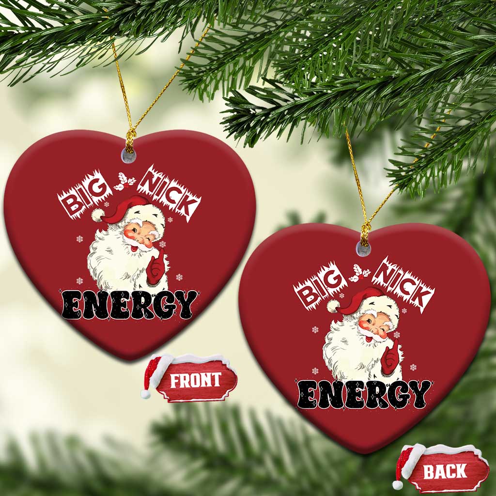 Two red heart ornaments with Santa “Big Nick Energy,” front and back shown