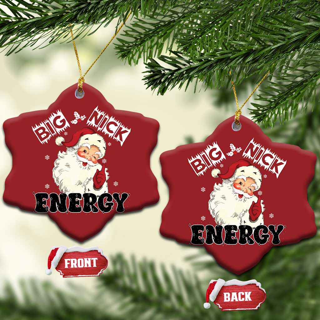 Two red oval ornaments with Santa “Big Nick Energy,” gold hanging strings