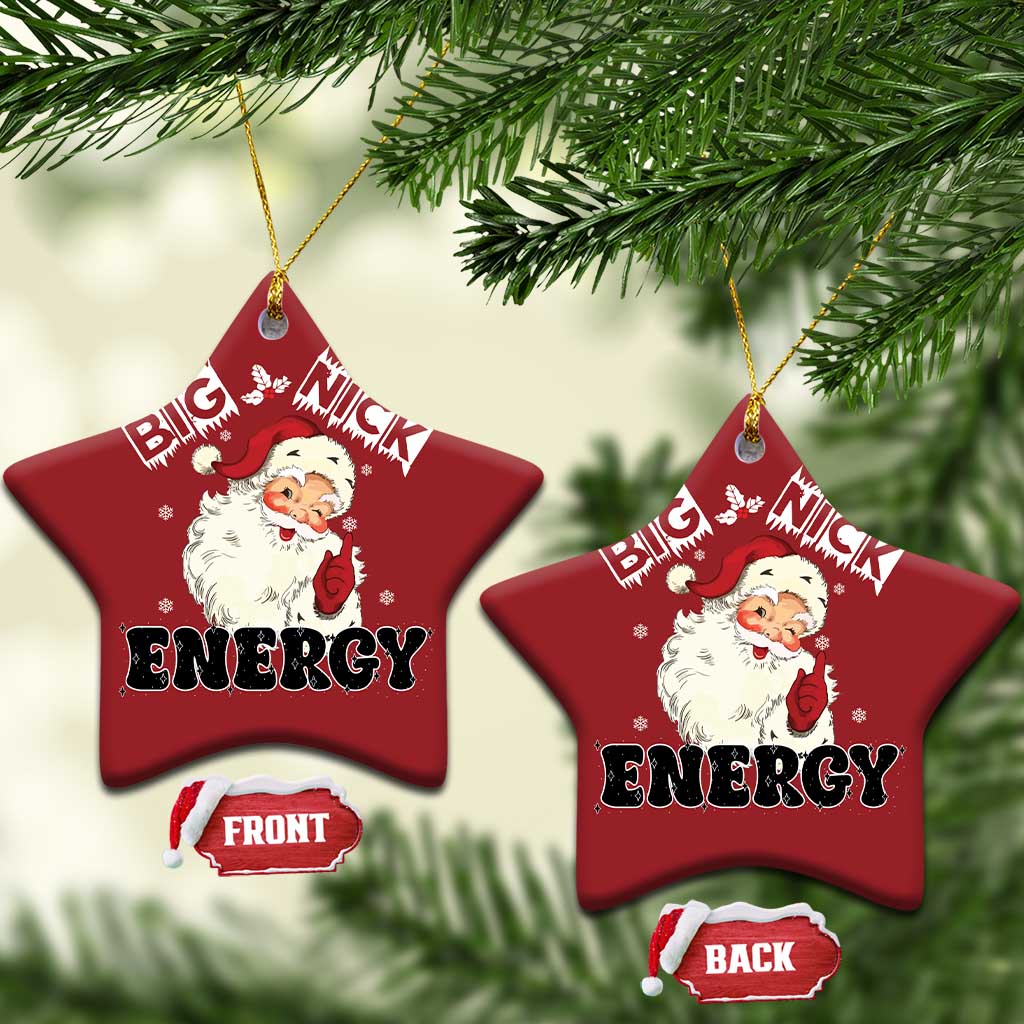 Two red star-shaped Santa “Big Nick Energy” ornaments with gold hanging strings
