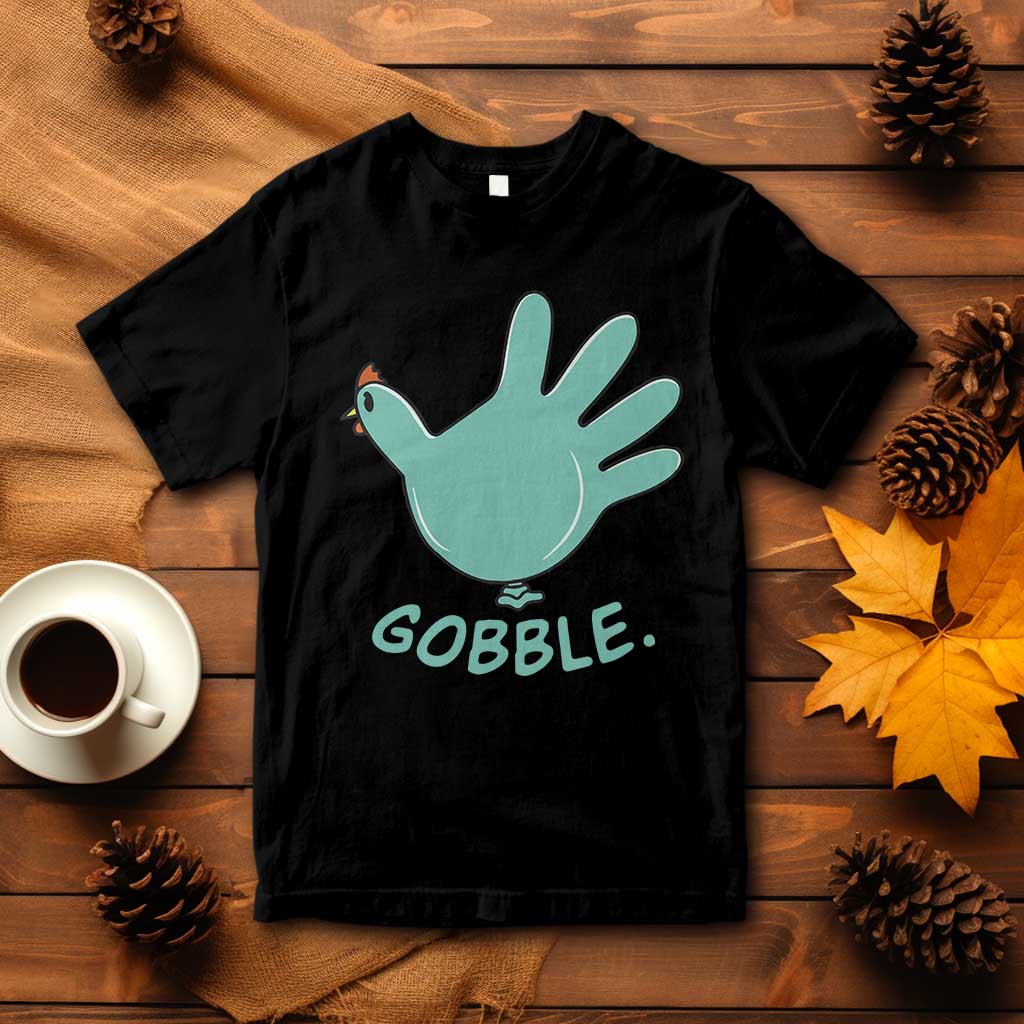 Black T-shirt with mint turkey handprint graphic and “GOBBLE.” text