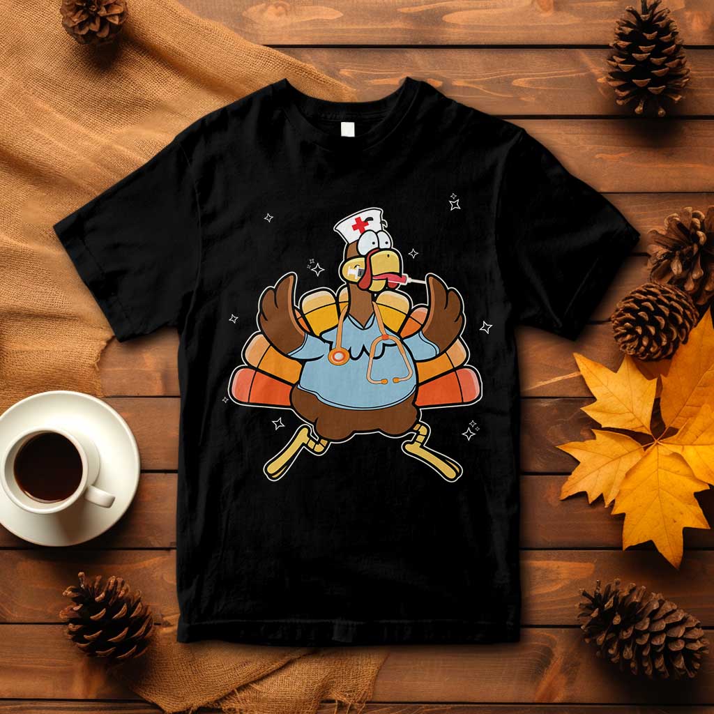 Black T-shirt with cartoon turkey nurse holding red badge, short sleeves