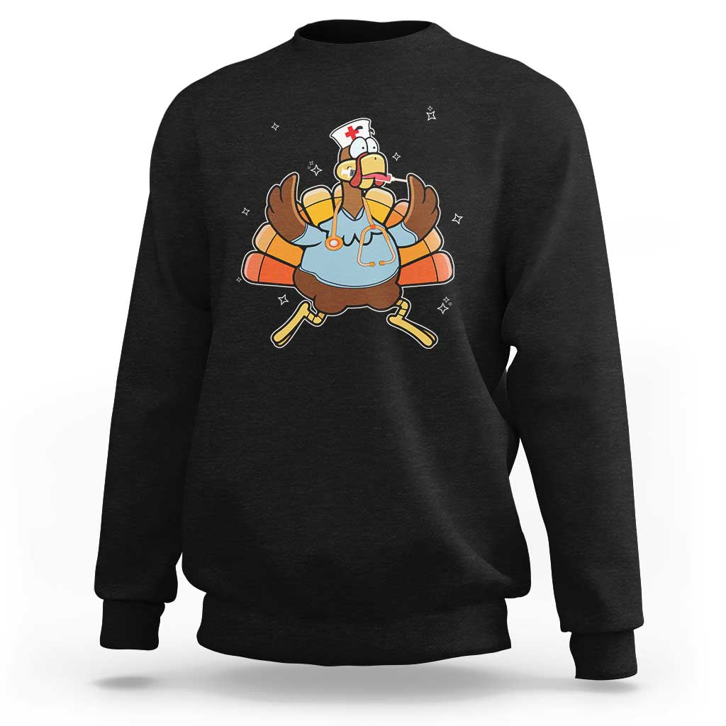 Black crewneck sweatshirt with cartoon turkey graphic