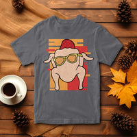 Graphic turkey T-shirt in charcoal gray with hat and glasses print