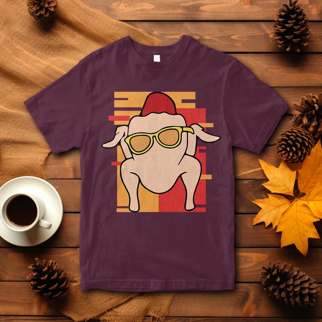 Graphic turkey T-shirt in maroon with hat and glasses print