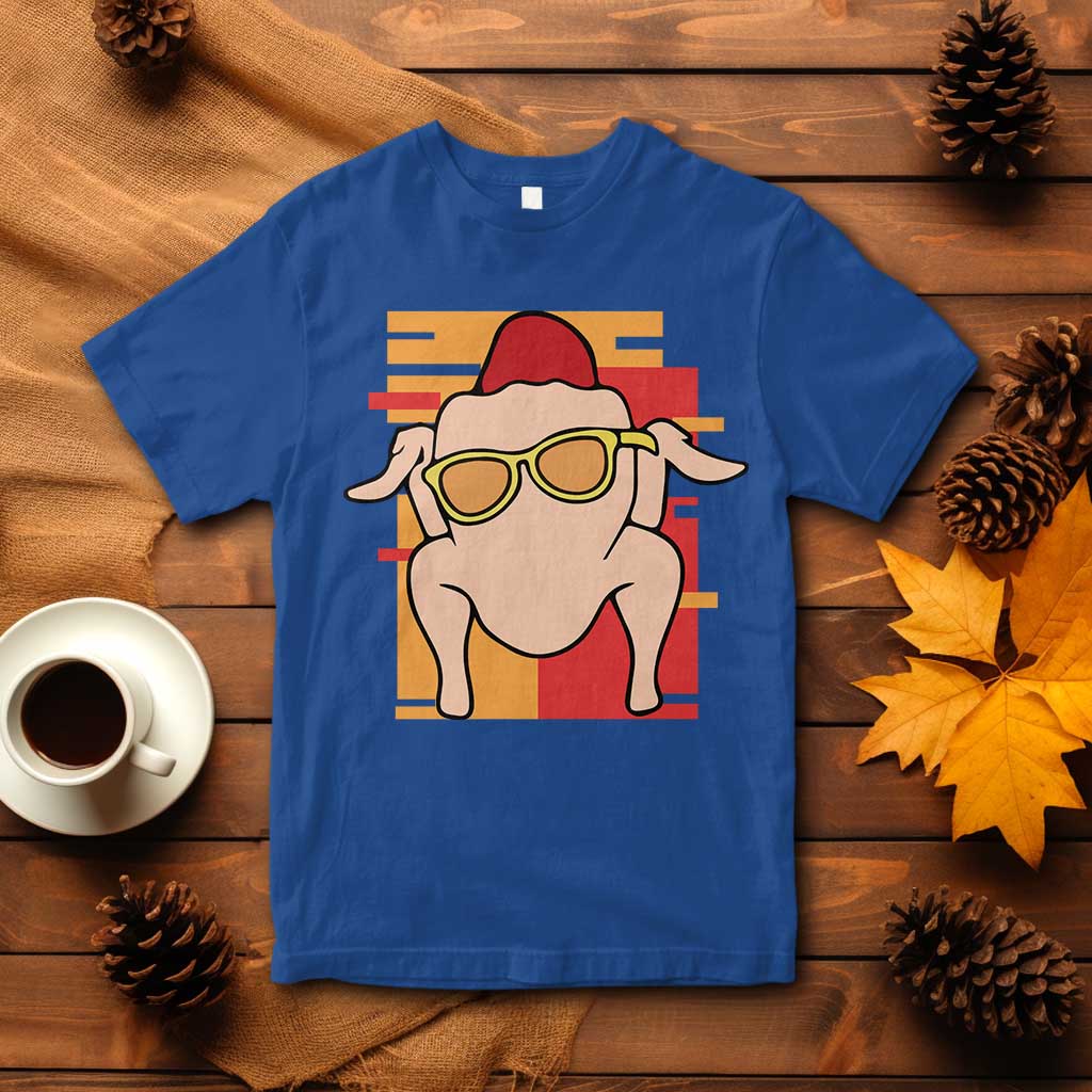 Graphic turkey T-shirt in royal blue with hat and glasses print