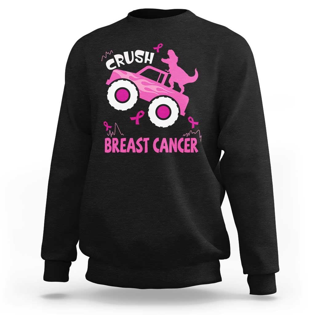 Black awareness sweatshirt with pink ribbon monster-truck dinosaur graphic on the front