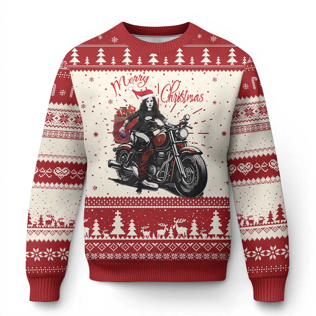 Red and cream ugly Christmas sweater with biker Santa graphic and holiday border knit