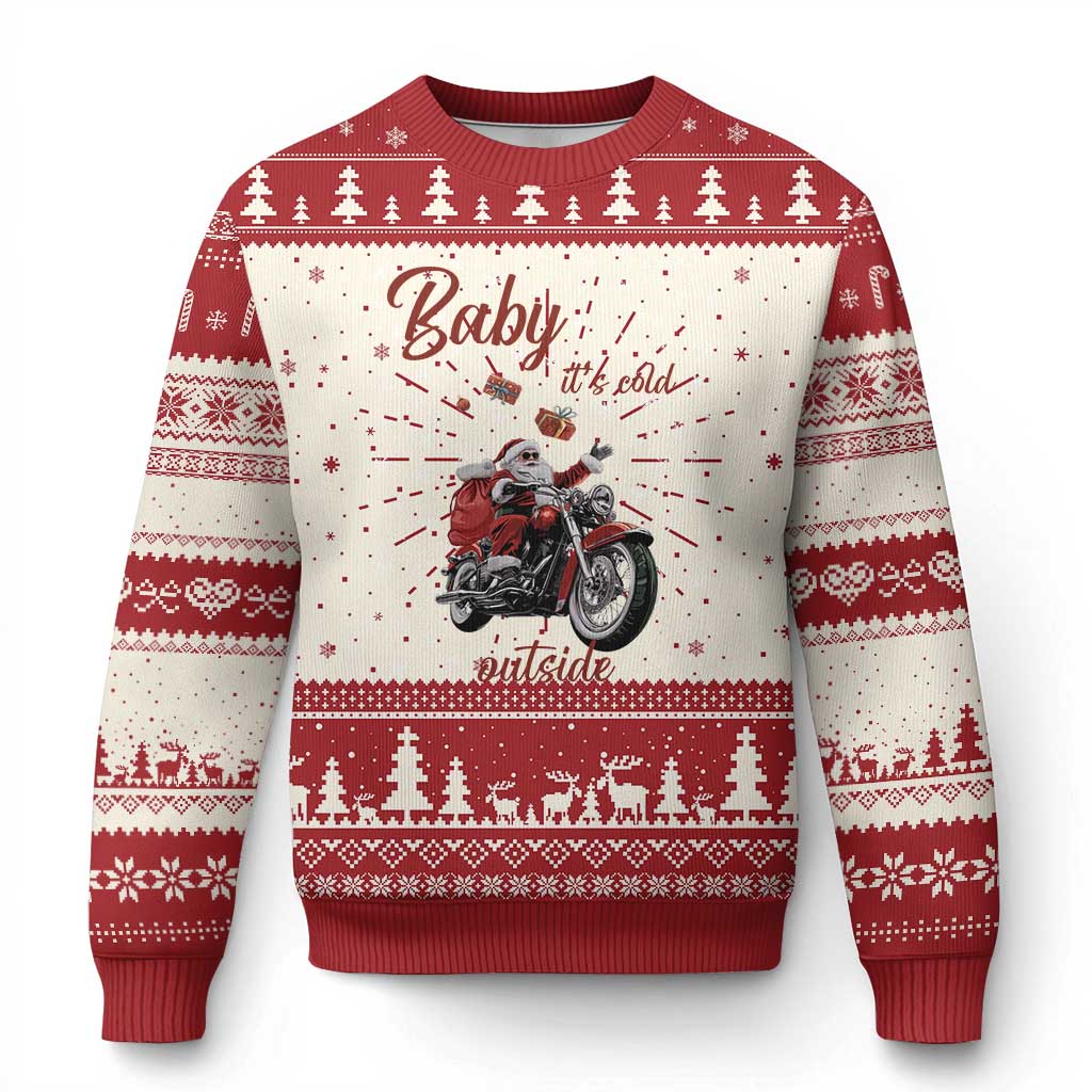 Red knit Christmas sweater with moto motorcycle graphic and festive tree fair-isle bands