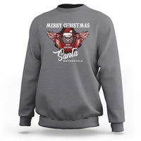 Motorcycle biker Santa sweatshirt, dark heather; Merry Christmas skull graphic with wings
