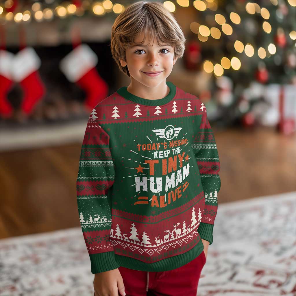 Knitted Christmas sweatshirt in green and red with fairisle trees and bold text graphic