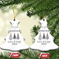 White marble bell-shaped ornaments, 'Our First Christmas married James & Emily 2024'.
