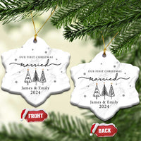 Two white marble star-shaped ornaments, 'Our First Christmas married James & Emily 2024'.