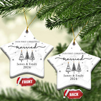 White marble star ornaments with 'Our First Christmas married James & Emily 2024'.