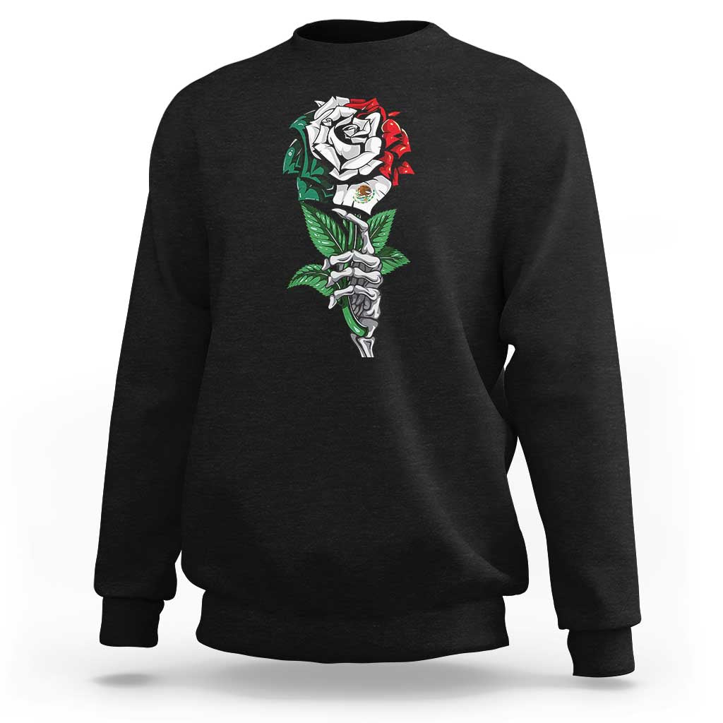 Skeleton Hand Holding Mexico Flag Rose Sweatshirt Dia De Los Muertos