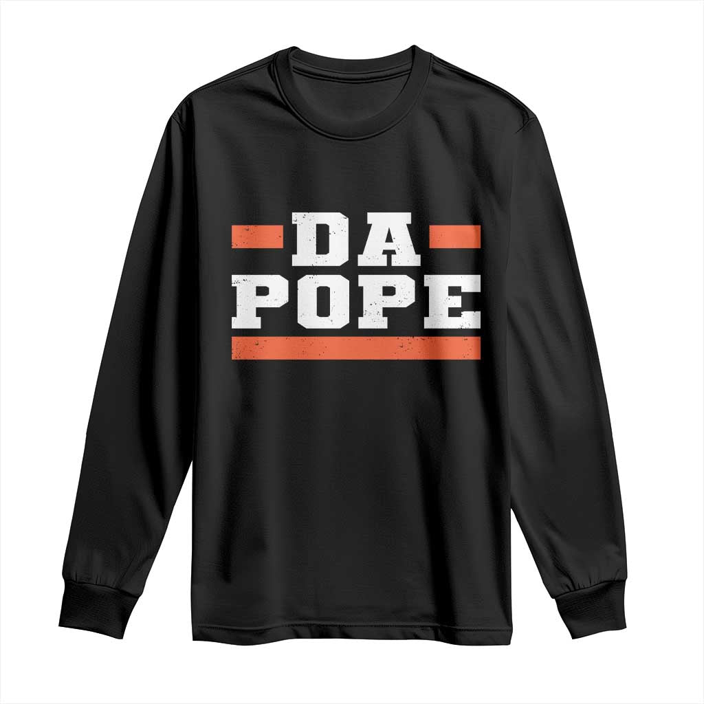 Black long sleeve graphic T-shirt with 'DA POPE' text in white and orange
