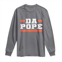 Charcoal long sleeve graphic T-shirt with 'DA POPE' text in white and orange