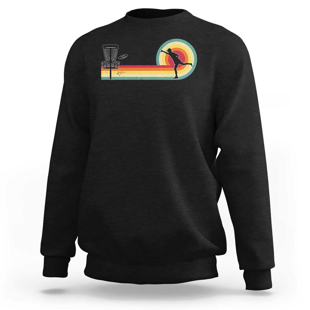 Black disc golf retro sweatshirt with vintage frisbee player graphic on chest