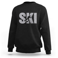 Black crewneck ski sweatshirt with distressed “SKI” graphic and skier silhouette