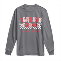 Charcoal long-sleeve teacher graphic T-shirt with red “sweetheart” hearts on front