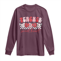 Maroon long-sleeve teacher graphic T-shirt with red “sweetheart” hearts on front