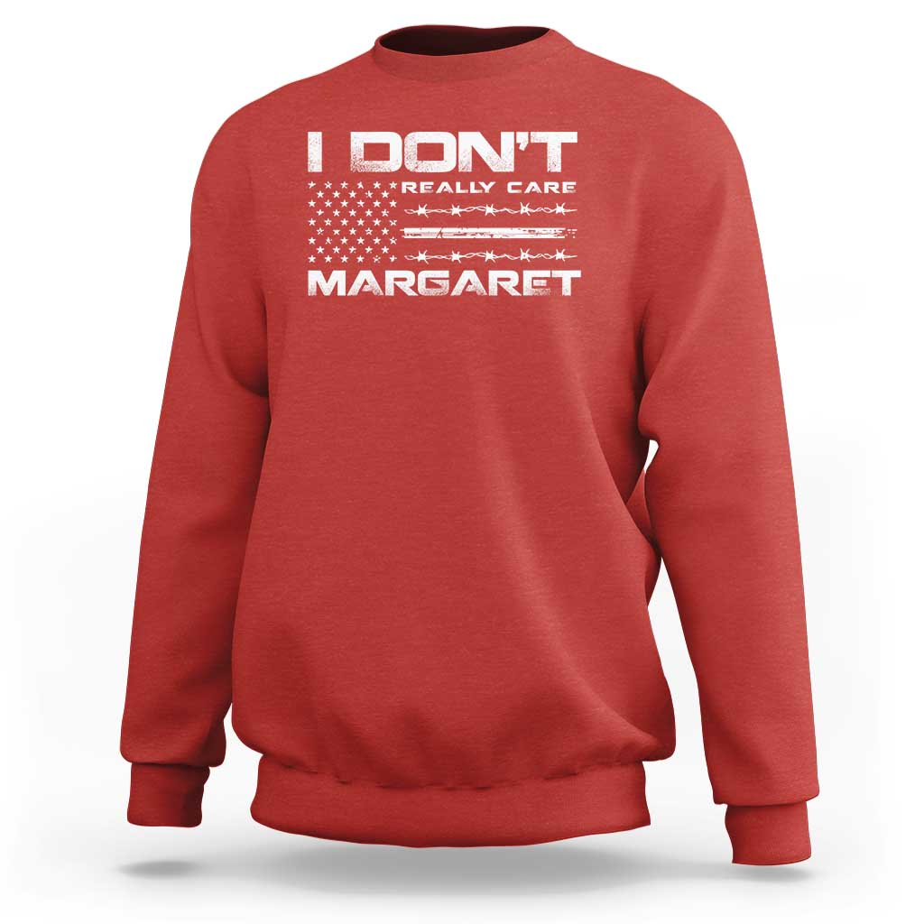 Red crewneck sweatshirt with American flag-style graphic and Margaret text on front
