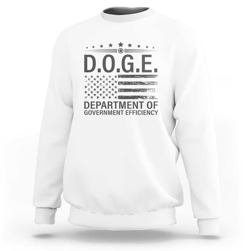 White crewneck sweatshirt with D.O.G.E. Department of Government Efficiency front graphic