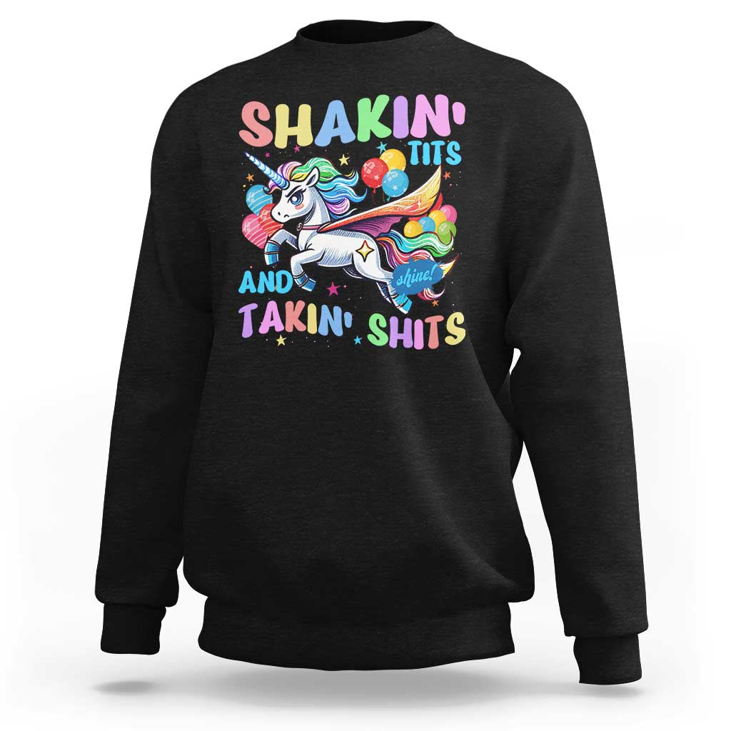 Black crewneck sweatshirt with colorful unicorn graphic and slogan front