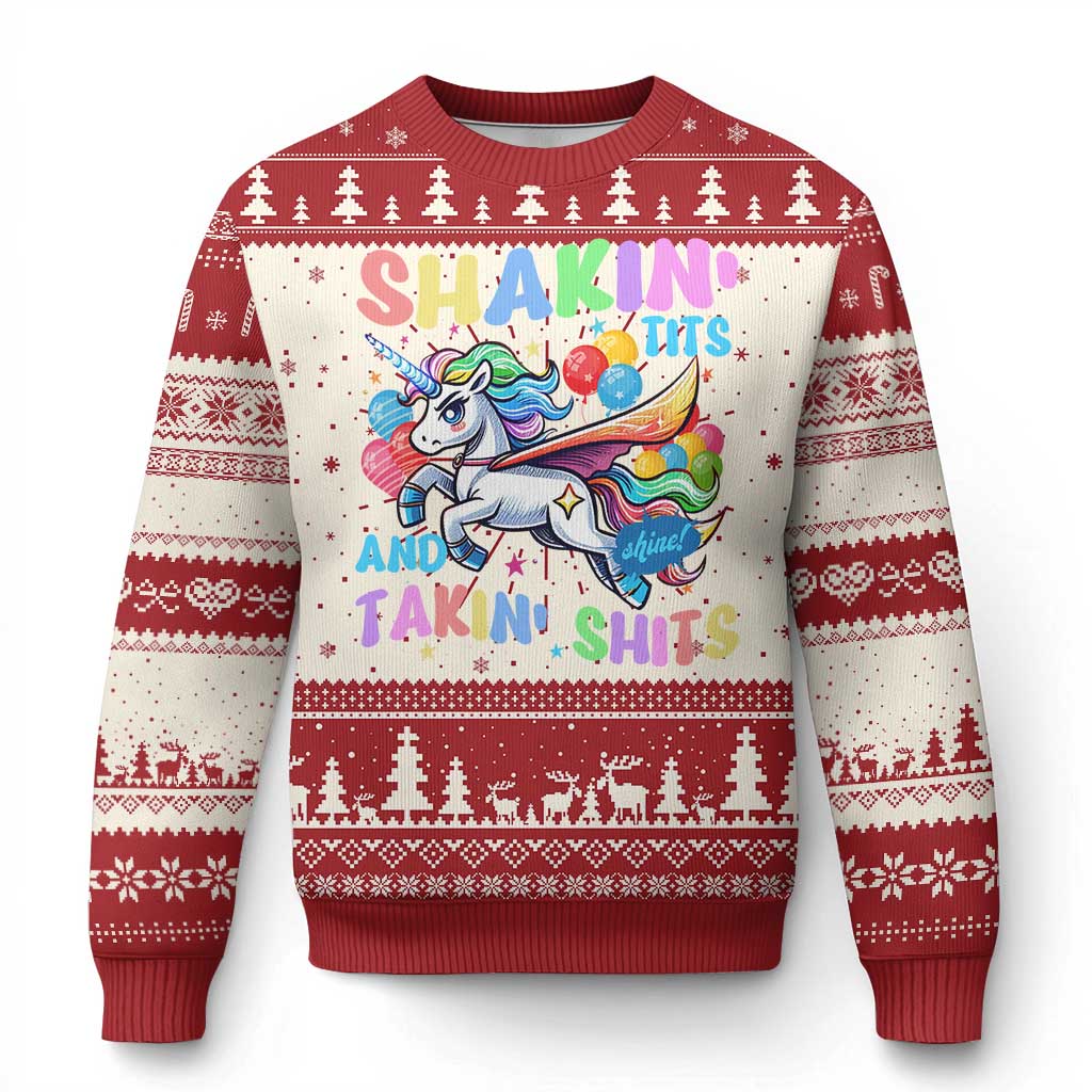 Red knitted sweatshirt with unicorn graphic and festive pattern, crew neck and ribbed cuffs