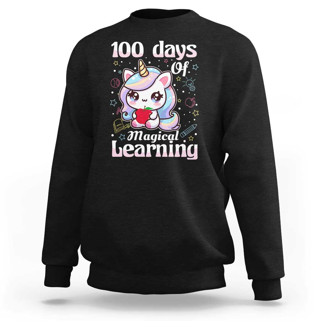 Girls' unicorn sweatshirt in black with “100 days of Magical Learning” front graphic