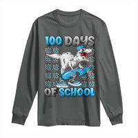 Dark heather long-sleeve school 100 days graphic dinosaur shirt, crew neck.