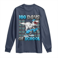 Navy long-sleeve school 100 days graphic dinosaur shirt, crew neck.