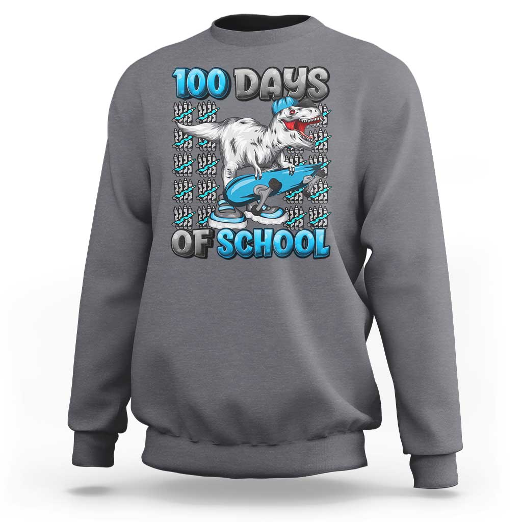 Dark heather gray sweatshirt with dinosaur and '100 DAYS OF SCHOOL' front print