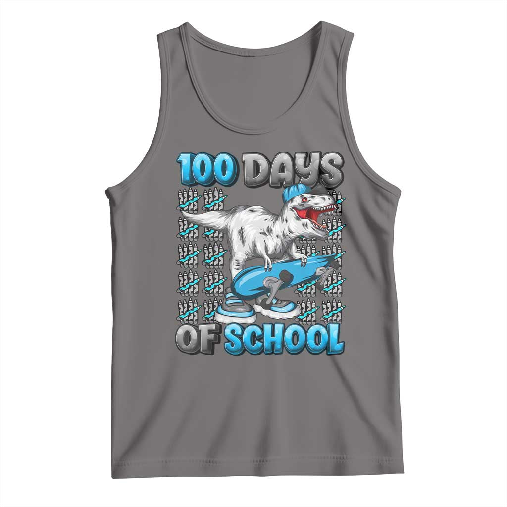 Kids dinosaur graphic tank top, dark gray, “100 Days of School” text