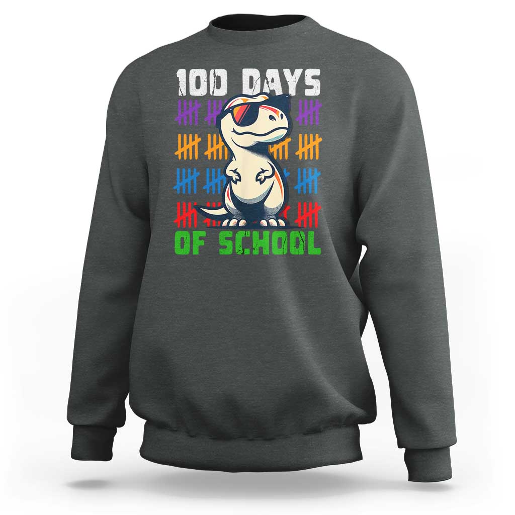 Kids' dark heather sweatshirt with '100 DAYS OF SCHOOL' and cartoon dinosaur graphic