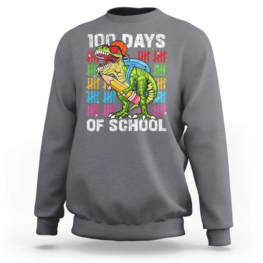 Charcoal gray 100th-day school sweatshirt with dinosaur graphic front