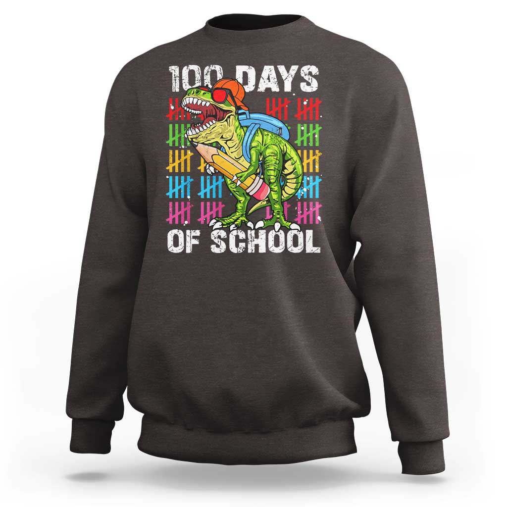 Dark chocolate 100th-day school sweatshirt with dinosaur graphic front