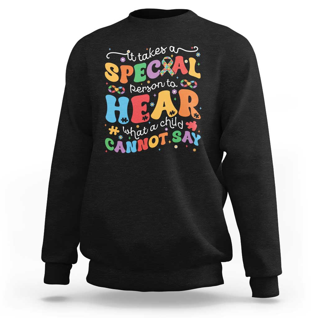 Black sweatshirt with colorful "Special" heart graphic on front