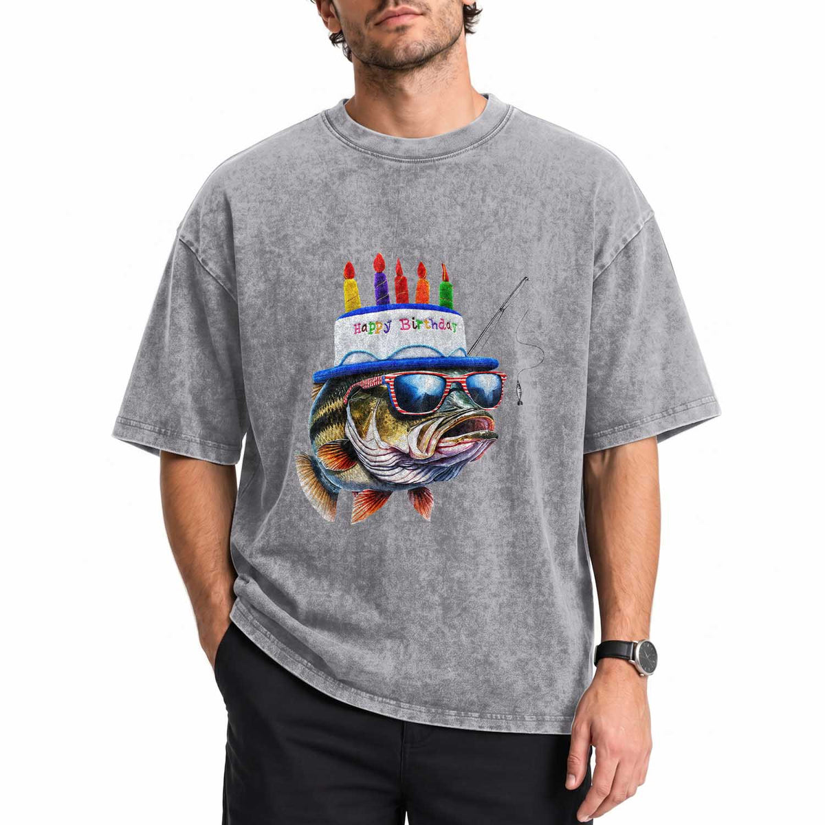 Bass Fishing Birthday Washed Cotton T-Shirt Fish Party Theme