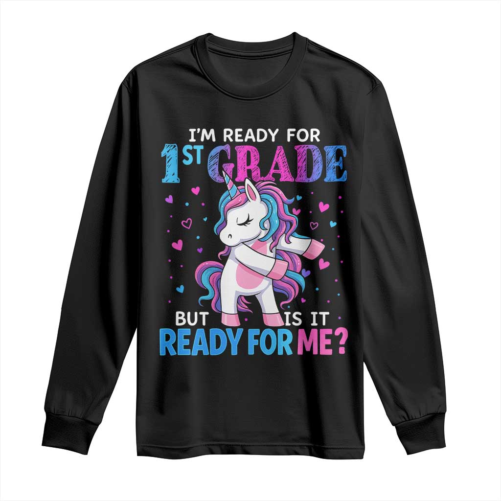 Girls long-sleeve 1st grade unicorn graphic shirt, black, crew neck pullover