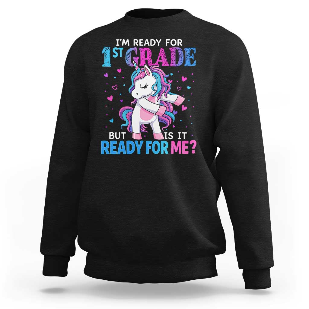 Girls unicorn graphic sweatshirt, black crewneck pullover with colorful '1st Grade' text