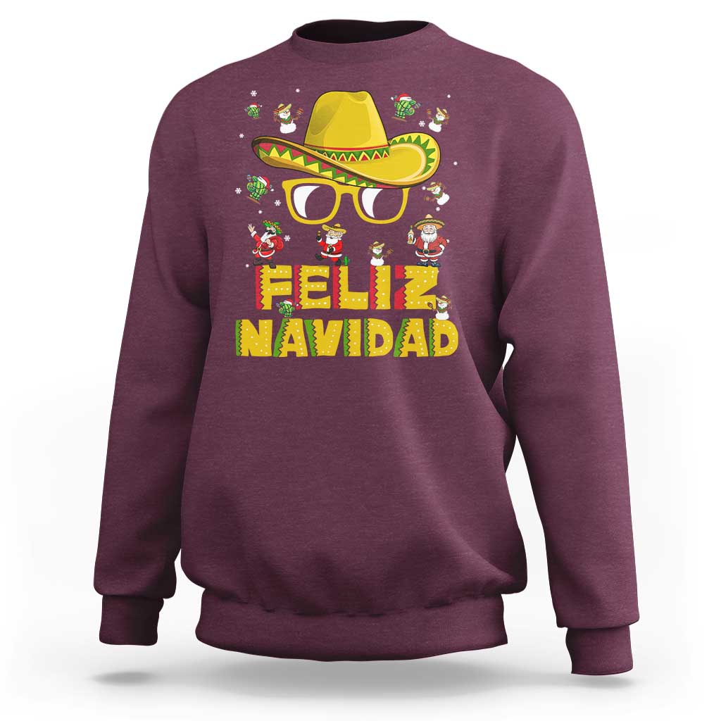 Maroon Christmas sweatshirt with sombrero graphic and "FELIZ NAVIDAD" text
