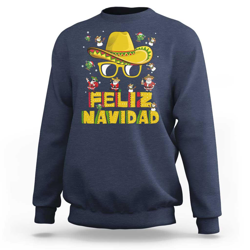 Navy Christmas sweatshirt with sombrero graphic and "FELIZ NAVIDAD" text