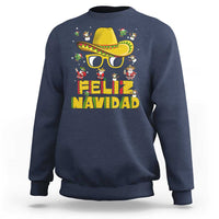 Navy Christmas sweatshirt with sombrero graphic and "FELIZ NAVIDAD" text