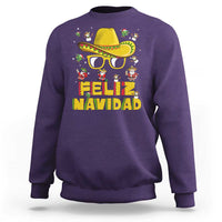 Purple Christmas sweatshirt with sombrero graphic and "FELIZ NAVIDAD" text