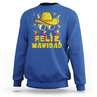 Royal blue Christmas sweatshirt with sombrero graphic and "FELIZ NAVIDAD" text